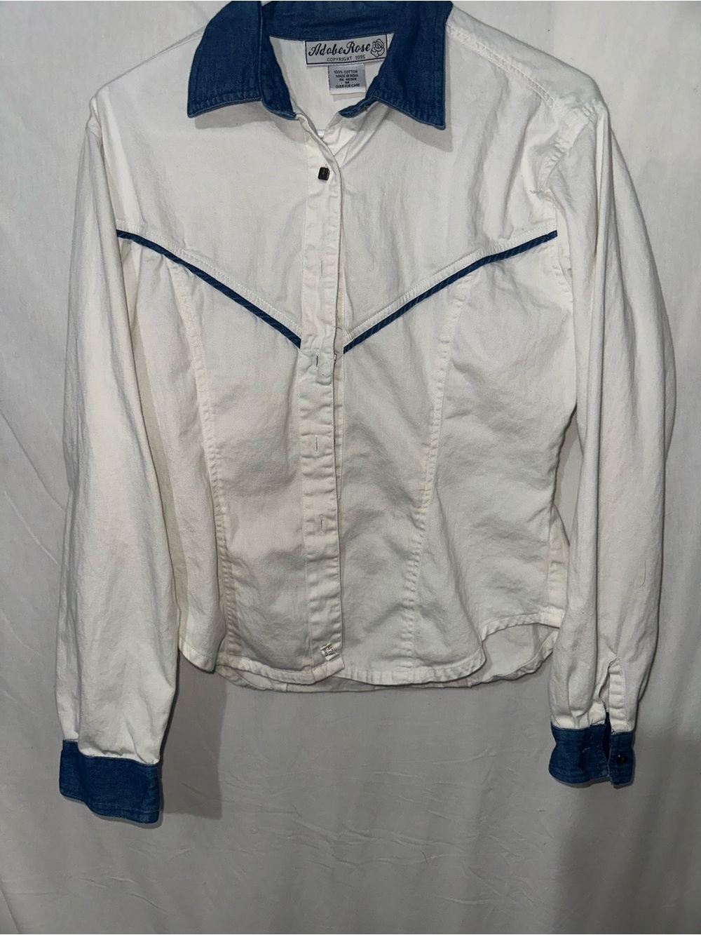 Adobe Rose 90s White Western Shirt Jacket with Blue Trim